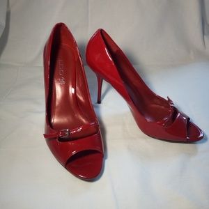 Red peep toe leather heels